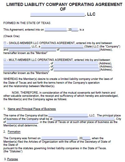 Free Texas Llc Operating Agreement Template Pdf Word Start Your Small Business Today