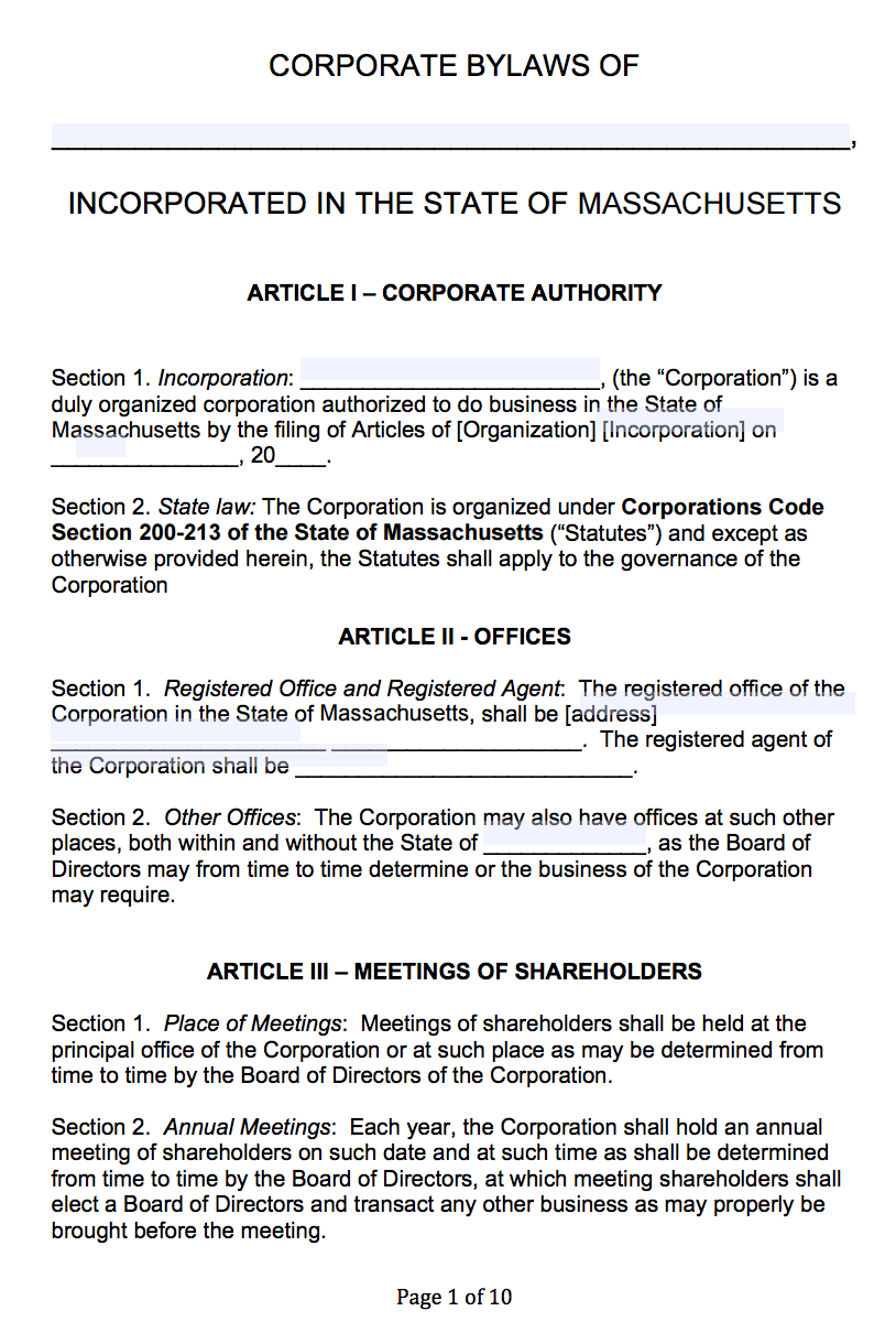 Corporate Bylaws Template Single Owner from startabusiness.org
