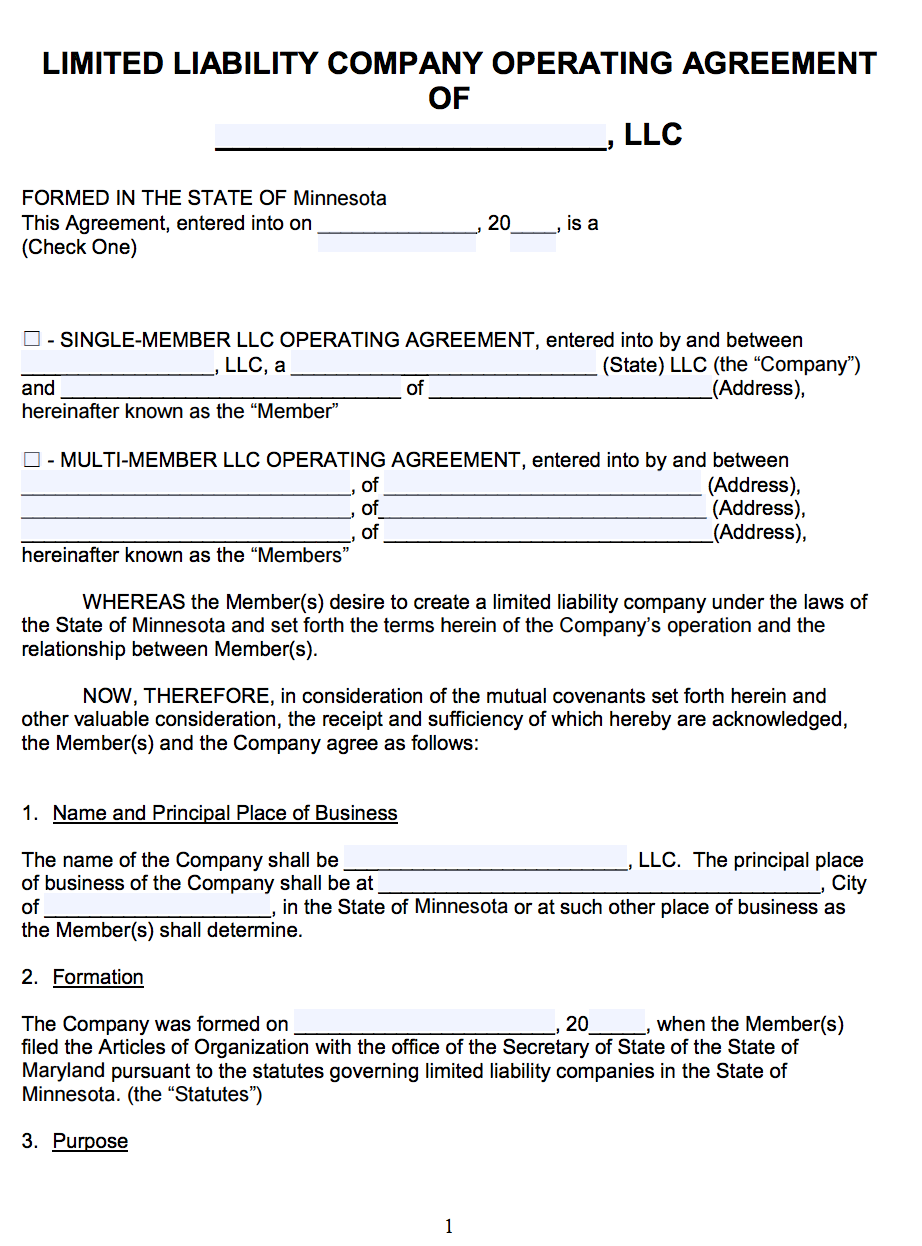 lawyer agreement operating LLC Operating  Agreement Word   Minnesota Free Template PDF